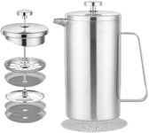 Misichao Small Cafetiere 2 Cup French Press Coffee Maker, Stainless Steel Caffettiere Insulated Coffee Press with 3 Level Filtration System, 3 Extra Filters, 350ml, Silver