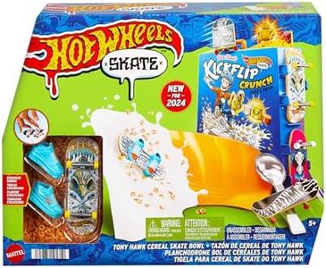 Hot Wheels Skate Tony Hawk Cereal Bowl Fingerboard Set, 1 Exclusive Board & Pair of Removable Skate Shoes, Storage for up to 4 Boards & 4 Pairs of Shoes