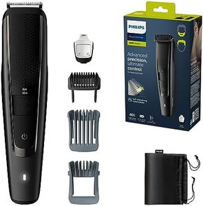 Philips Recortadora de Barba Serie 5000 Hombre, Barbero, 40 Longitudes, Resistente al agua, Cuchillas de Acero, 90 min de uso, Con y sin Cable, Recargable, Recortador de Precisión, Funda, BT5515/75
