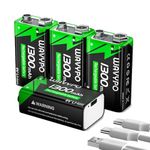 9V Rechargeable Batteries,1300mAh Lithium Batteries USB-C Charge with 2 in 1 Charging Cable for Microphone, Electronic Toys, Smoke Detector Alarms, walkie-Talkie etc (4 Pack)