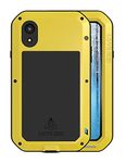 Full Body Case for iPhone XR, Love mei Outdoor Shockproof Heavy Duty Hybrid Aluminum Metal Armor Dirtproof Snowproof Cover Shell for iPhoneXR 6.1'' with Tempered Glass (Yellow)