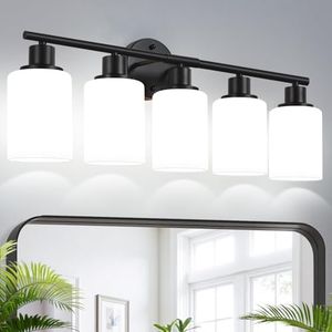 5-Light Bathroom Light Fixtures, Black Modern Vanity Lights with Milky White Frosted Glass Shades, Bathroom Wall Lamp, Clear Glass Shade, for Mirror, Living Room, Kitchen, Hallway, Cabinet, Porch