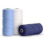 Navaris Macrame Cord 3mm x 100m (3 Reels) - Rope Made of 100% Natural Cotton for Wall Hangings and Plant Hangers - Dark Blue, Sky Blue, Off-White