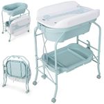 Maxmass 4-in-1 Baby Changing Table, Portable Infant Diaper Care Station with PVC Pad, Bath Tub, Storage Tray and Lockable Wheels, Folding Newborn Dresser Nappy Changer (Blue)