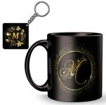 Cronkraft Golden Frame With M Alphabet Letter Printed Ceramic Mug + Keychain,Gift For Love,Birthday,Wife, Husband, Girlfriend Boyfriend,Kids,Brother,Sister On Birthday (M Alphabet), 300 Ml