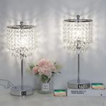 Boncoo Crystal Table Lamp Set of 2 Touch Control, Crystal Lamps with USB Ports Elegant Shade Bedside Lamp Silver, Dimmable Touch Table Lamp for Nightstand Bedroom Living Room, 4W LED Bulb Included