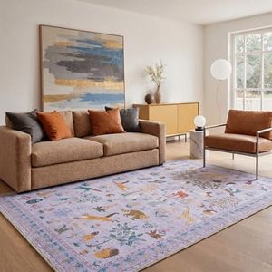 BESBLEE Washable Rugs 10x14, Soft Animal Print Ultra-Thin Low Pile Carpet, Non-Slip Stain Resistant Floral Pet Friendly Woodland Jungle Rug for Playroom Living Room Bedroom Entryway, Purple