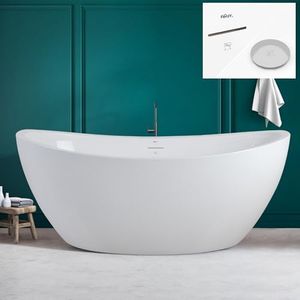 FerdY Naha 67" Acrylic Freestanding Bathtub, Curve Edge Freestanding Soaking Bathtub, Glossy White, cUPC Certified, Toe-Tap Chrome Drain & Overflow Assembly Included, 02588