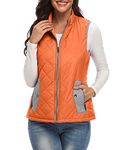 Xeoxarel Women's Quilted Vest with 4 Pockets, Puffer Padded Lightweight Zip Pockets Sleeveless Gilet Outerwear Casual Orange Medium