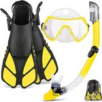 Verana Mask Fin Snorkel Set with Adult Snorkeling Gear, Panoramic View Diving Mask, Trek Fin, Dry Top Snorkel +Travel Bags, Snorkel for Lap (Yellow)