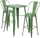 Flash Furniture Commercial Grade 23.75" Square Green Metal Indoor-Outdoor Bar Table Set with 2 Stools with Backs