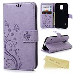 S5 Case, Samsung Galaxy S5 Case - Mavis's Diary Premium Wallet PU Leather with Fashion Embossed Floral Butterfly Magnetic Clasp Card Holders Flip Cover with Hand Strap - Light Purple