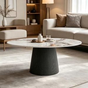 Ownkoti Modern Round Coffee Table Stone Top, 43.3" Solid Wood Pedestal Base Sintered Stone Tabletop, Pandora+Black