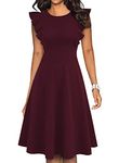 ihot Valentines Dress for Women Summer Ruffle Sleeve Semi-Formal A-line Fit and Flare Cocktail Church Casual Business Office Cute Teacher Work Ladies Dresses with Pockets Wine Red L
