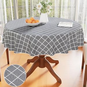 Spotjoy Round Table Cloth, Waterproof Vinyl Tablecloths with Flannel Backing, Wipeable Plastic Plaid Table Cover for Dining, Picnic, Indoor and Outdoor (60" Round, Grey)