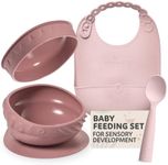 Miniware Sensory Starter Set Promotes Self-Feeding with Silicone Bowl, Spoon, and Roll & Lock Bib - Encourages Sensory Development, Easy to Clean, Travel-Friendly for Babies and Toddlers - Raspberry