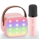 Karaoke Machine Kids, Newest Wowstar 4 in 1 Karaoke Machine Bluetooth Speaker with Wireless Microphone for Kid Adult, Voice Changer with LED Party Lights Toy Gift for Girl Boy Birthday Children（Pink）