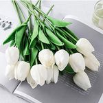 20pcs Artificial Tulips PU Touch Single Stem Fake Tulip Flower Bouquet Arrangement for Home Party Wedding Decoration (White)