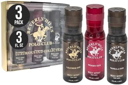 Beverly Hills Polo Club Mens Body Spray Gift Set - 3pc Collection of Oud Fragrances (Vanilla, Leather & Woody) in Sleek 3oz Bottles - Long-Lasting BHPC Cologne Body Sprays for Men