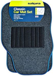 Sakura Car Mat Set of 4 Heavy Duty Hard Wearing Carpet Water Repellent Flexible Grey with Blue Trim Universal Fit Front Rear Heelpad Non-Slip Backing RHD