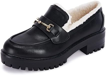 Womens Lug Sole Platform Mid Chunky Heel Loafers Classic Round Toe Slip On Office Uniform Oxfords Shoes with Metal Chain Cool Black