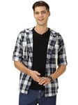 Thomas Scott Men's 100% Cotton Full Sleeves Tartan Checked Hooded Casual Shirt (Steel Blue)