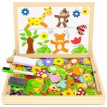 COOLJOY Wooden Magnetic Puzzle Games, 100+ PCS Double Sided Jigsaw Animal Pattern Drawing Easel Blackboard Educational Wood Toys for Boys Girls Kids Toddler 3 4 5 Year Olds