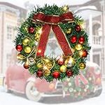 11.8 Inch Christmas Wreath with 9.84 Ft LED String Lights Prelit Car Wreath Decoration Artificial Red Bow Berries Wreath Green Leaves Outdoor Lighted Door Wreath with 10 Zip Ties for Car Front Door