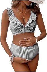 Floerns Women's Maternity Striped Print Ruffle Trim V Neck 2 Piece Bathing Suit Black Small
