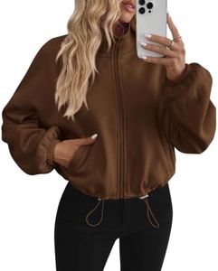 PRETTYGARDEN Womens Zip Up Fleece Cropped Sweatshirt Jacket,Brown,S