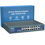 YuanLey 16 Port PoE Switch with 2 Gigabit Ethernet Uplink, 1 SFP Port, 250W PoE+ Port Support 802.3af/at, Unmanaged Network Switch with AI Watchdog, VLAN, 6KV Protection, Rackmount Plug and Play