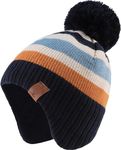 Malaxlx Baby Striped Navy Blue Pom Pom Beanie Hat Winter Warm Kids Knitted Earflap Hat Fleece Lined Ski Skull Cap for 2-4 Years Boys Girls