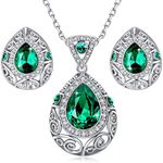 Leafael [Presented by Miss New York] Silver-tone Teardrop Filigree Vintage Style Emerald Green Pendant Necklace Made with Premium Crystals Earrings Set, 18" + 2", Gift Box