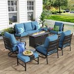 MFSTUDIO 8 Pieces Patio Furniture Sets with 45" Gas Fire Pit Table(Up to 9 Seat),Outdoor Metal Conversation Sofas with 1 x 3-Seat Sofa, 2 Single Chairs,2 Swivel Chairs and 2 Ottoman,Navy Cushion