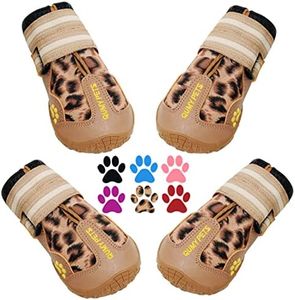 QUMY Dog Shoes for Large Dog, Medium Dogs Boots & Paw Protectors for Winter Snow Day, Summer Hot Pavement, Waterproof in Rain Weather, Outdoor Walking, Indoor Hardfloors Anti Slip Sole Leopard Size 1