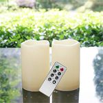 Waterproof Outdoor Flameless LED Candles - with Remote and Timer Realistic Flickering Battery Operated Electric Plastic Resin Pillar Candles for Christmas Decoration 2-Pack 3”x5”