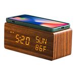 HZDHCLH Bedside Wireless Charging Alarm Clock Dimmable LED Display,Snooze Digital Clock with Temperature Display,USB Charging,Compatible with iPhone, Samsung, Android (Brown)