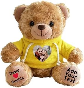 Duckbe Personalized Bear Stuffed Animal with Picture Text Date, 11 Inch Customized Teddy Bear Plush Toys, Gift for Girlfriend, Boyfriend, Birthday, Anniversary, Valentines (Brown Yellow Hoodie