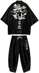 DOSLAVIDA Men's Japanese Style Kimono Sets Lightweight Open Front Cardigan Suits Chinese Style 3/4 Sleeve Tops & Shorts, Style 8-black1, 3XL