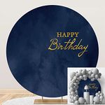 DORCEV 7.2x7.2ft Polyester Navy Blue Happy Birthday Round Backdrop Cover Navy Blue Marble Texture Birthday Background for Photography Kids Adults Boy Man Birthday Banquet Party Portrait Decor Props