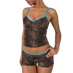 Betrodi Women 2 Piece Pajamas Shorts Outfits Y2k Sleeveless Crop Cami Top Low Waist Shorts Bodycon Lounge Set Sleepwear(Leopard,M)