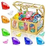 VGOODALL 50PCS Diving Gem Pool Toy, Colourful Diamonds Set Gem with Treasure Pirate Chest Box Summer Swimming Toys Dive Throw Underwater for Game Gift Boys and Girls