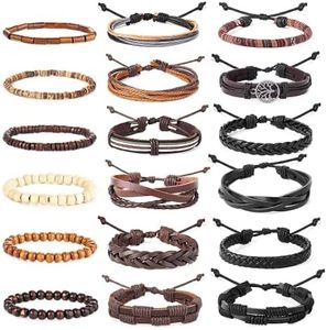 HANPABUM 18pcs Braided Leather Bracelets for Men Women Woven Cuff Wrap Bracelet Wood Beads Ethnic Tribal Bracelets Adjustable