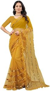 BARKIYA CREATION Women's Net Saree With Unstiched Blouse Piece, Yellow, One size