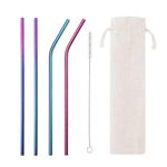 CoECO® Reusable Pack of 4 Stainless Steel Straws with Cleaning Brush | Reusable Metal Straws in Reusable Pouch for Kids & Adults (2 Straight & 2 Bent, Rainbow) (Assorted Colours) (Rainbow(Unicorn))