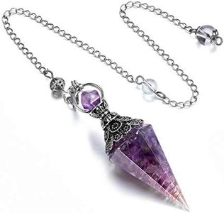 GEHECRST Natural Amethyst Healing Crystal Dowsing Pendulum Reiki Gemstone Chips Orgone Pendulum 6 Faceted Hexagonal Pointed Cone Resin Spiritual Pendant for Divination, Wicca, Energy Balancing