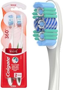 Colgate 360° Advanced Optic White Manual Toothbrush, Value 2 Pack, Medium Bristles With Teeth Whitening Actions