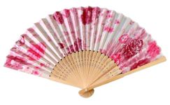 AUM Colorful Floral Pattern Hand Held Foldable Bamboo Japanese Silk Hand Fan (Beige-PK) Gift Fan for Girls Women Wedding Favor Theme Party Decoration Stage Shows Dance