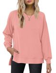 WNEEDU Womens Oversized Sweatshirts Casual Long Sleeve Tops Crewneck Pullover Tunic Sweater 2024 Fall Side Slits Shirt Coral Pink L