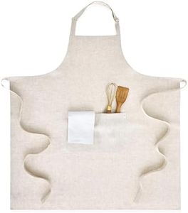Solino Home 100% Pure Linen Apron for Women & Men - Light Natural Stripe Full Midi Bib Apron, Adjustable Neck Strap with Center Pockets for Kitchen, Chef - Handcrafted from European Flax